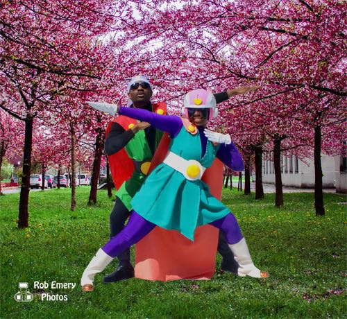 the Great Saiyaman posing with Saiyagirl 